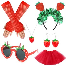 ZGCXRTO 6 Stück Erdbeer Kostüm Set,Obst Schmuckset Mit Erdbeer Anhänger,Erdbeer Haarband und Gläser,Damen Frucht Faschingskostüme,Hawaii Kostüm Accessoire, Erdbeer Party für Karneval(red)