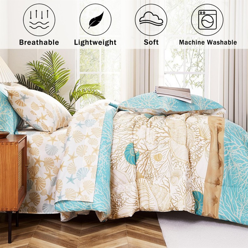 Cmfshape Blue Coastal Queen Size Comforter Set 7 Pieces,Starfish Printed