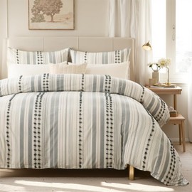 Cozaline 100% Cotton Duvet Cover King Size – Gray Striped Bedding Set with Embroidered Accents, 3 Pieces Ultra Soft&Breathable Modern Boho Comforter Cover, Natural Farmhouse Style