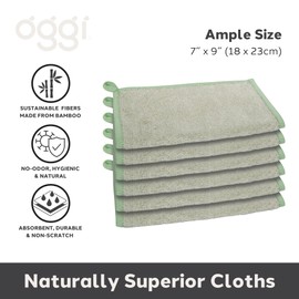Oggi Bambou Odor-Free Kitchen Washcloths - Natural Kitchen Dish Cloths, 91% Bamboo-Derived Rayon Cellulose Fiber, Reusable, Absorbent, Hygienic, Fast Dry, Durable, Non-Scratch, Lint-Free - 6 pcs, 7x9
