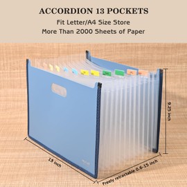 Valtiner Accordion File Organizer, 13 Pockets Expanding File Folder with Colorful Tabs, Monthly Paper Bill Receipt Organizer, Desktop Filing Folder for A4 Letter Size School Office Supplies (Blue)