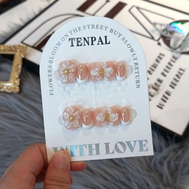 TENPAL Press On Nails with Tools Kit,Nude French 3D Floral Embossed Short Round Square False Nails,White French Glue on Nail,Chinese Style Ice Gel Reusable Fake Nails for Daily Wedding Party 10Pcs(L)