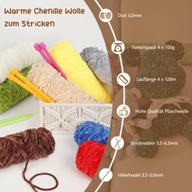 Coopay Velvet Chenille Wool, 400 g (4 x 100 g) Velvet Chenille Yarn Wool for Crochet & Knitting, Super Fluffy Soft Baby Wool for Children, Velvet Chenille Wool for Dolls, Scarf, Blanket - Dark Caramel