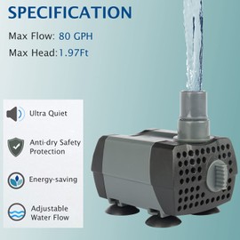 WaterRebirth (HSUP-300) Quiet Submersible Water Pump for Aquarium Fish Tank - Pond Pump - Submersible Pump - Water Fountain Pump - Aquarium Pump (80GPH,1.97feet，3.5W)