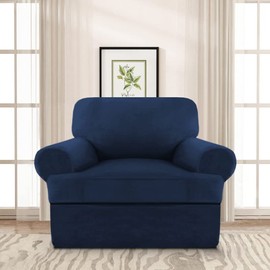 N\A Velvet T Cushion Sofa Slipcover 2 Pieces Sofa Covers for T Cushion Sofa Soft Couch Cover Sofa Slip Covers Furniture Protector with 1 Individual T Cushion Shape Seat (Navy, Chair)