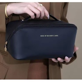 TravelMakeupBagLargeCapacityCosmeticBagsWaterproof Portable Zipper Pouch Open Flat Toiletry Bag Organizer with Divider and Handle (Black)