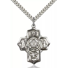 Bliss Sterling Silver Five 5 Way Coast Guard Catholic Medal Pendant Necklace 24"Chain
