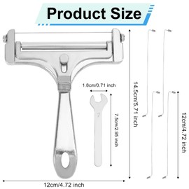 Cheese Slicer Kit, Adjustable Thickness Iron Handheld Cheese Slicer with 4 Extra Wires and Wrench Food Cutter for Butter Mozzarella Cheddar (Shiny Silver)