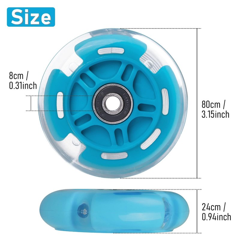 WHEELGOO 2-Pack Rear 80mm Scooter Replacement Wheels Colorful Flashing Wheels