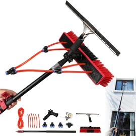 Copgge 24 Feet Solar Panel Cleaner Brush and Extendable Pole Water Fed Brush Window Cleaning Pole Telescoping Spray Rotary Brush with Squeegee and Water Line for Cleaning Solar Panel, Roof, Pool, RV