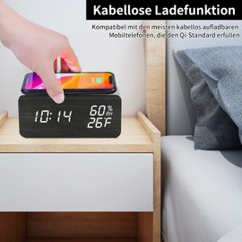 Digital Alarm Clock Wood with Wireless QI Charging, LED Digital Clock with 3 Alarm Settings and Display Function for Temperature and Humidity, Suitable for Living Room, Bedroom and Offices (Black)