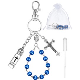 Blushtier Holy Water Bottle Keychain Gift with Rosary Bead Crucifix Eyedropper Organza Bag for Catholic Christian Party Favor(Blue,Classic)