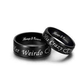 His Crazy Her Weirdo Heart Rings for Couples Always and Forever Matching Promise Rings Black Wedding Bands Sets for Him and Her Stainless Steel Comfort Fit (Men Size 10 & Women Size 7)