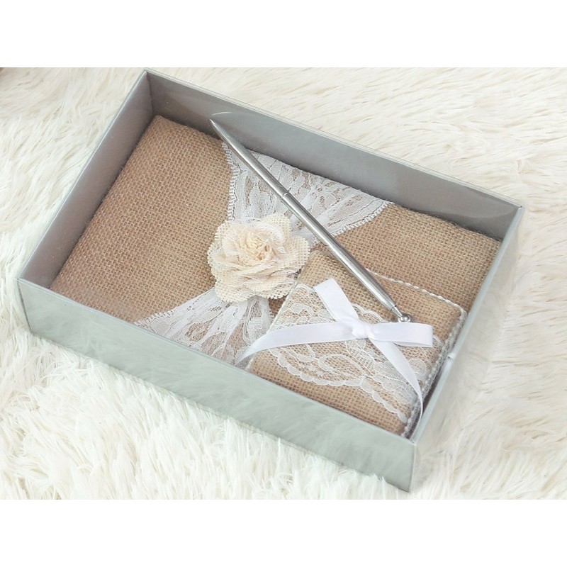 BETTERLINE Rustic Wedding Guest Book Made of Burlap and Lace
