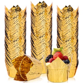 JarThenaAMCS 200Pcs Gold Tulip Cupcake Liners Gold Foil Muffin Tulip Baking Cups Aluminum Foil Tulip Cupcake Wrappers For Party Supplies