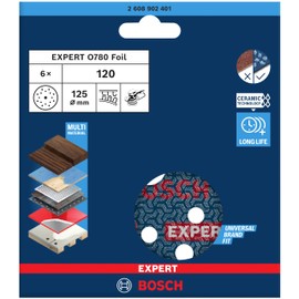 Bosch 6 x Expert O780 Film Sanding Disc, 125 mm (for Hardwood, Paint on Wood, Diameter 125 mm, Grit 120, Professional Accessories, Random Orbital Sander)