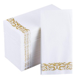 JOLLY CHEF 100 Disposable Hand Towels, Soft and Absorbent Linen Feel Dinner Napkin, Elegant Decorative Paper Guest Towels for Kitchen, Bathroom,Weddings,Parties, Gold and White