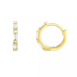Floreo 14k Yellow Gold 11mm CZ Baguette Hoop Huggie Earrings