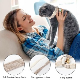 Cat Collar,2 Pack White Hemp Cat Collars Breakaway with Bell, DOGWONG Safety Buckle Wedding Cat Collar for Girl Boy Cats and Small Dogs，Adjustable 7-12 Inch,Pet Supplies Accessories