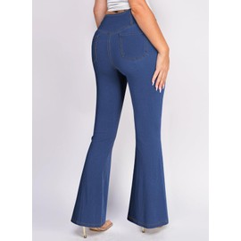 Pink Queen Women's Flare Denim Leggings Stretchy Elastic Waist Jeans with Pockets Crossover High Waisted Bell Bottom Pants Tummy Control Knitted Jean Leggings Blue XL