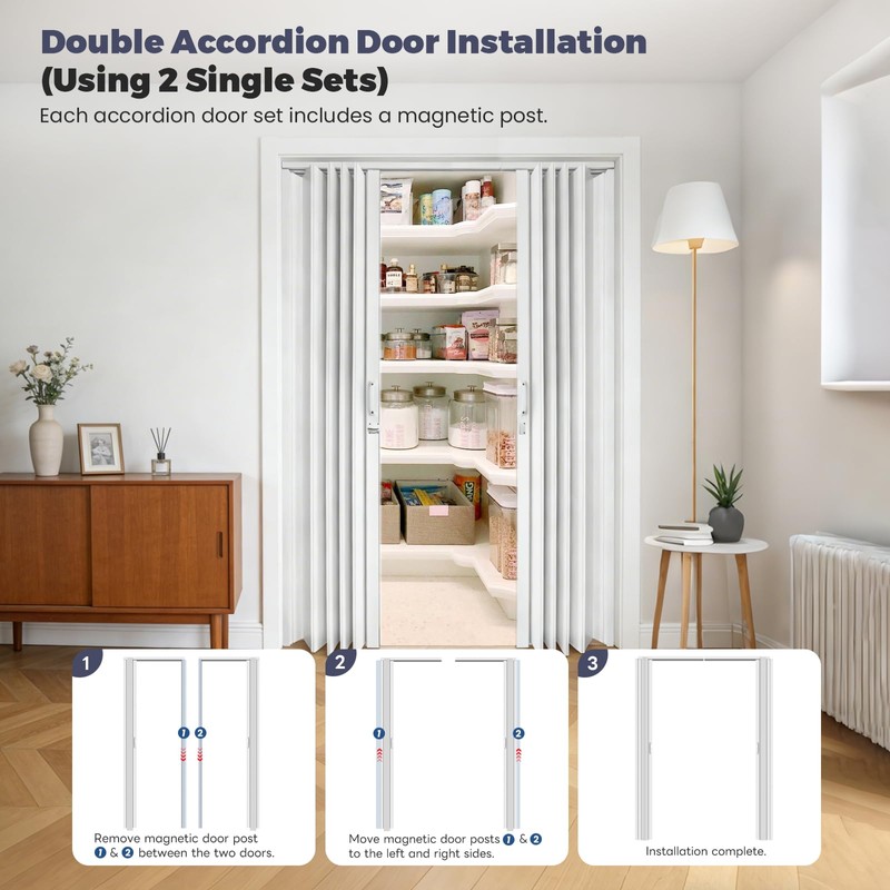 DIYHD 34X80in Accordion Door, White Double-Layer PVC Folding Interior Door