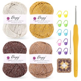 4 Pack Crochet Yarn for Beginners – Hollow Shiny Silver Cotton DK Yarn, 50g/100m Skein with 3.5mm Hook & Tools – Soft Sparkling for Granny Squares, Knitting & Amigurumi (Offwhite+Yellow+Brown+Khaki)