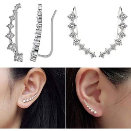 Cabet 7 Crystals Ear Cuffs Hoop Climber Sterling Silver Earrings Hypoallergenic Earring
