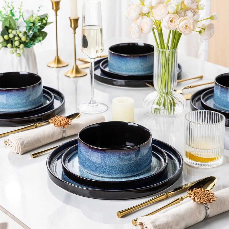 LERATIO Ceramic Dinnerware Sets for 4,Round Reactive Glaze Ceramic Plates