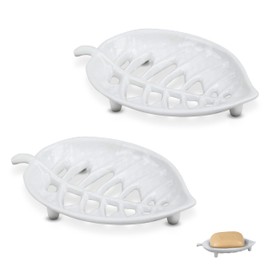 Linton Arts Leaf Shape Cast Iron Soap Dish - 2PCS Rustproof Bathroom Soap Holder with Drainage Holes, Vintage Cute Soap Saver for Shower/Sink, Non-Slip Suction Base (5.2" L x 3.4" W)