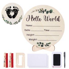 Wooden Baby Announcement Name Sign for Hospital Birth, Green Leaf Hello World Welcome Baby DIY Footprint Craft Art Sign with Ink Pad Pen for Baby Shower Footprint Keepsake Gift Newborn Photoshoot Prop
