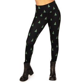 Tipsy Elves Womens Cute Green & Yellow Christmas Tree High Waisted Black Leggings with Hidden Waistband Key Pocket Size X Large