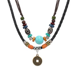 Vintage Multilayer Braided Necklace Men's with Western Cowboy Pendant, Black Leather Strap, Vintage Copper Coins - With Velvet Bag | Leather Chain Men, Leather Necklace Men