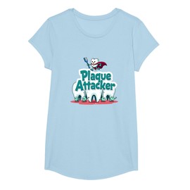 Plaque Attacker Dentals for Women Superhero Tooth Humor T-Shirt, Girls, Baby Blue