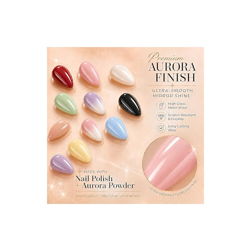 SXVME Uñas postizas cortas almendradas color rosa nude cromado, uñas