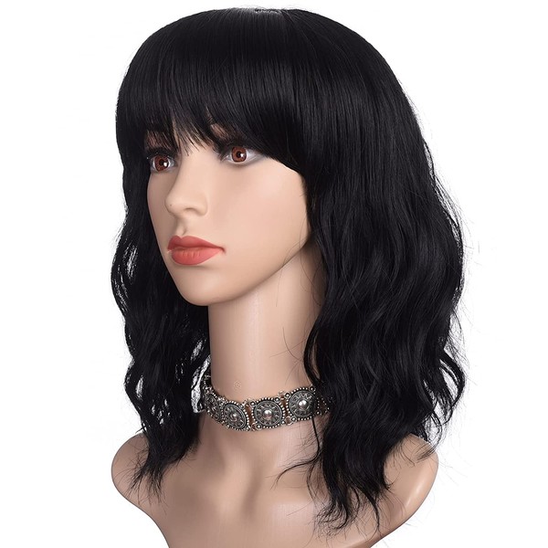 Morvally Short Black Wavy Bob Wig with Bangs for Women 16 Inches Natural Synthetic Hair Wavy Wigs