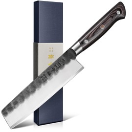 kanngou 7 Inch Nakiri Knife, Black Forged Japanese Cleaver Knife Chefs Knife with High Carbon Stainless Steel, Japanese Nakiri Knife with Full Tang Pakkawood Handle, Christmas Gift with Premium Box