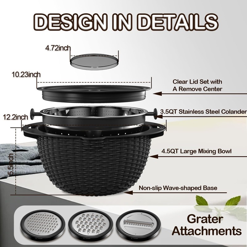 Colanders, 4-1 Colander with Mixing Bowls Set, Strainers for Kitchen,