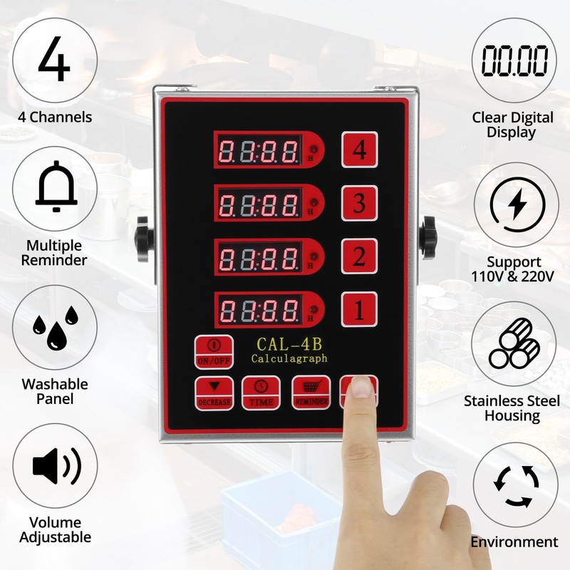 QWORK Kitchen Timer for Cooking, 4 Channel Stainless Steel Commercial
