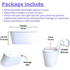 Maxona Metal Iron Hanging Flower Pots, 6 Pack, 9.8 Inch Oval White Railing Fence Hanging Bucket Pots Countryside Style Window Flower Plant Holder with Detachable Hooks Home Décor