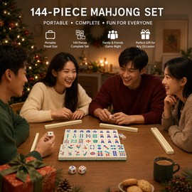 Travel Mahjong Set with Foldable Table for Game Night – Mini Chinese Tiles and 6-in-1 Accessories for Parties