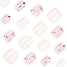 Summer Press on Nails Short Square White Fake Nails with a Few Nude Nails Featuring Delicate Gold-Foil Flower Designs Glossy Finish Acrylic Nails Natural Reusable Glue on Nails Kit