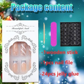 Christmas Press on Nails Medium Length French Snowflake Fake Nails Sparkly Glossy Glitters Christmas Acrylic Nails Artificial Full Cover Glue on Nails Winter Xmas Design False Nails for Girls 24Pcs