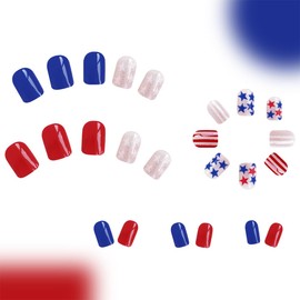 Independence Day Press on Nails Short Square Fake Nails 4th of July False Nails with Designs Star American Flags Glue on Nails Glitter Stick on Nails for Women Nail Art Decorations 24 Pcs
