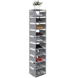 isightguard Vertical Shoe Rack, 10 Tier Grey Narrow Shoe Organizer for Closet Entryway, Tall Slim Shoe Tower for Small Spaces, Space Saving Corner Shoe Shelf