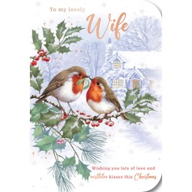 Noel Tatt Wife Christmas Card, Single - Christmas Cards 2024 with Robins and Holly Branches Festive Design with Special Finishes - Eco-Friendly Xmas Cards with Envelope