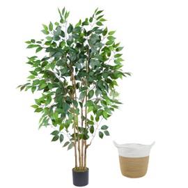 Warmplants Artificial Ficus Tree, 5ft Tall Silk Fake Ficus Leaves Plant with Basket, Indoor Outdoor Faux Greenery Tree for Home Garden Office House Livingroom Décor