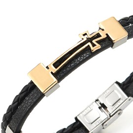 COOLSTEELANDBEYOND Men Women Two-Row Black Braided Leather Wristband Bangle Bracelet with Steel Cross Charm Silver Gold