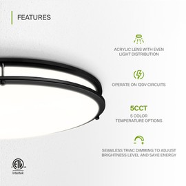 ASD LED 24 Inch Oval Flush Mount Light Fixture | 38W 3280LM 2700K-5000K 120V | 5CCT, Dimmable, ETL Listed | Close to Ceiling Double Ring Lamp, Low Profile Lighting | Black