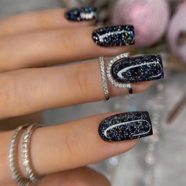Black Press on Nails Short Square Fake Nails with Silver Glitter Designs Acrylic Nails Artificial Nails Bling Stick on Nails Full Cover Sparkly Glue on Nails for Women Girls Daily Wear Manicure 24PCS