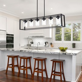 WINSHEN 6-Lights Kitchen Island Lighting with Seeded Glass, Modern Linear Pendant Light Rectangle Chandelier for Dining Room Pool Table